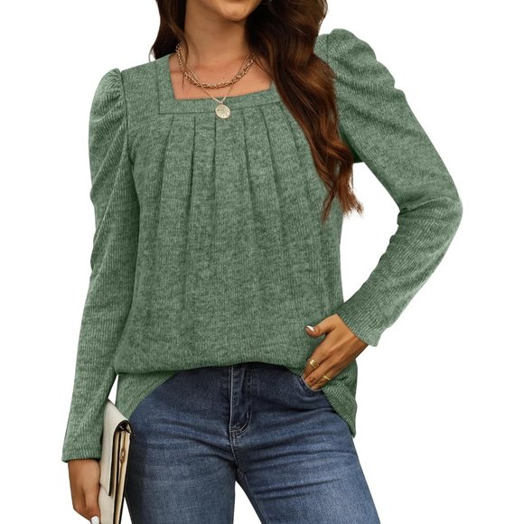 Womens  Lightweight Puff Sleeve Pleated Square Neck Tunic Sweaters Shirts - Picture 3 of 5